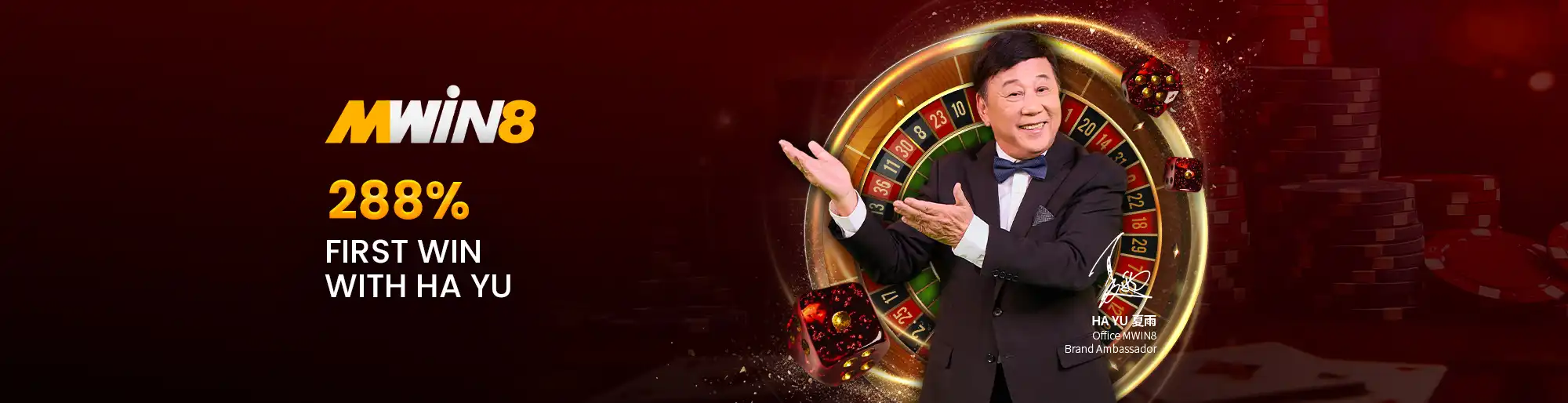 MWIN8 promotional banner with brand ambassador Ha Yu, highlighting a 288% first win bonus. Features roulette wheel, dice, and casino theme.
