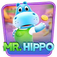 MWIN8 Mr. Hippo slot game featuring a cheerful cartoon blue hippo tossing gold coins.
