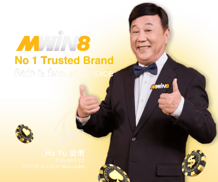 MWIN8 brand ambassador Ha Yu in a black suit giving a thumbs up, promoting MWIN8 as the No.1 trusted brand with a safe and secure choice.